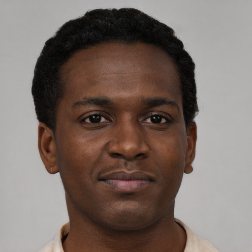 Neutral black young-adult male with short  black hair and brown eyes