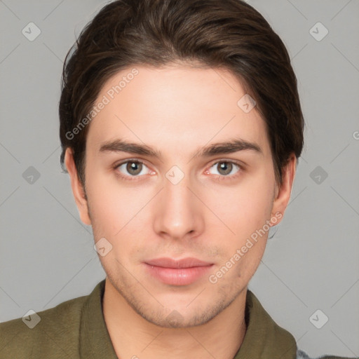 Neutral white young-adult male with short  brown hair and brown eyes