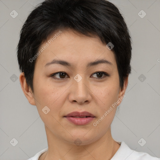 Joyful asian young-adult female with short  brown hair and brown eyes