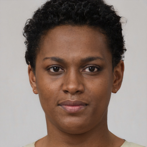 Neutral black young-adult female with short  brown hair and brown eyes