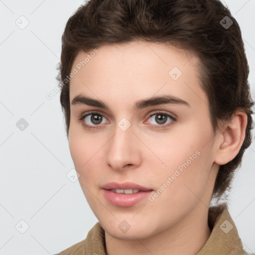 Neutral white young-adult female with short  brown hair and brown eyes