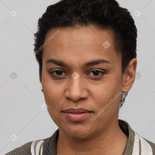 Joyful latino young-adult female with short  brown hair and brown eyes