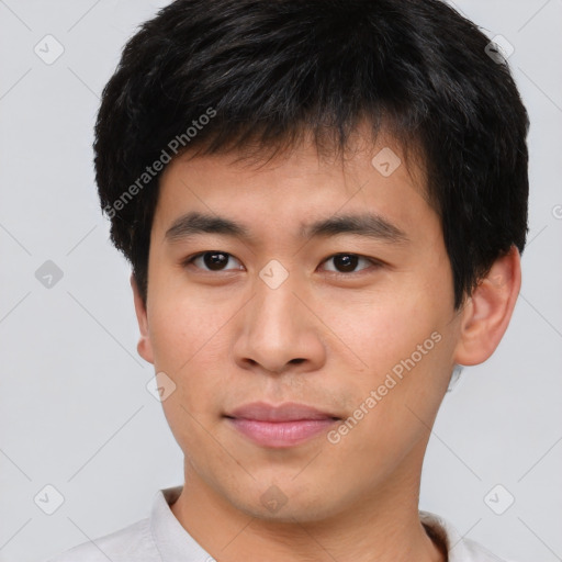 Neutral asian young-adult male with short  brown hair and brown eyes