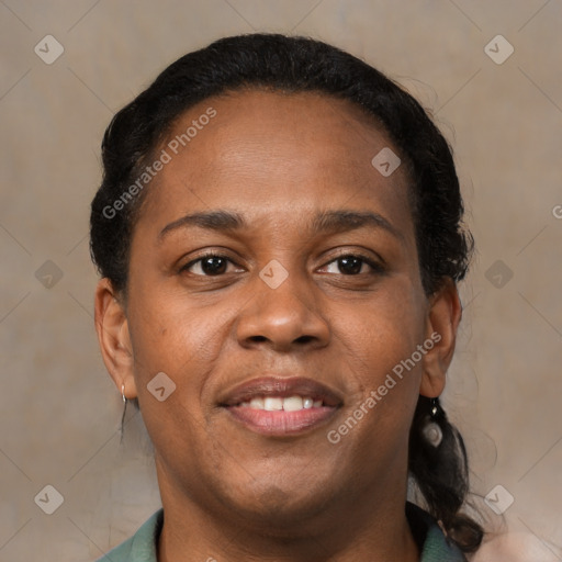 Joyful latino young-adult female with medium  brown hair and brown eyes