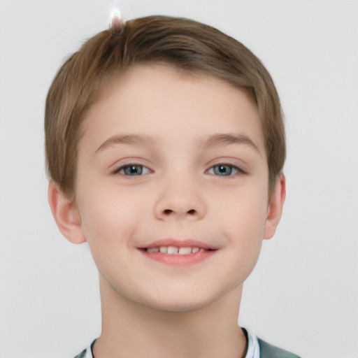 Joyful white child female with short  brown hair and brown eyes