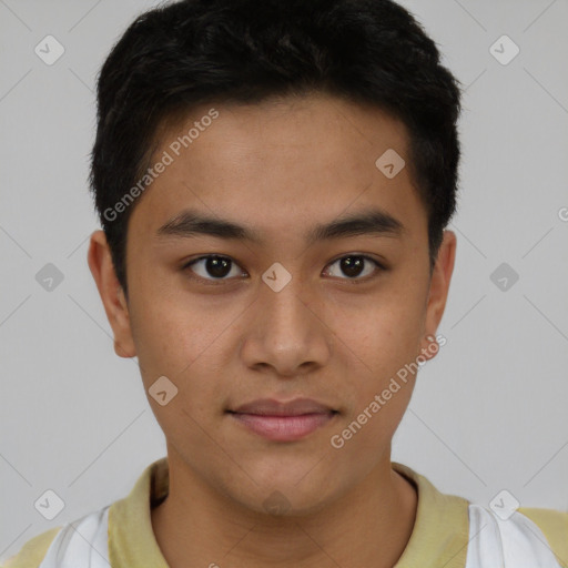 Neutral latino young-adult male with short  brown hair and brown eyes