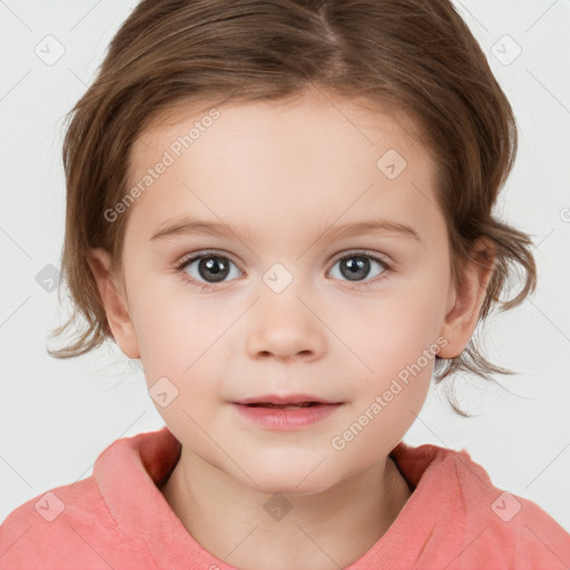 Neutral white child female with medium  brown hair and grey eyes