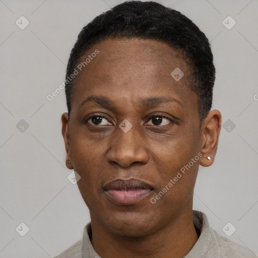 Neutral black adult female with short  black hair and brown eyes