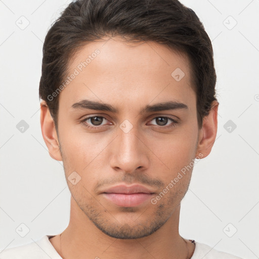 Neutral white young-adult male with short  brown hair and brown eyes