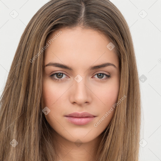 Neutral white young-adult female with long  brown hair and brown eyes