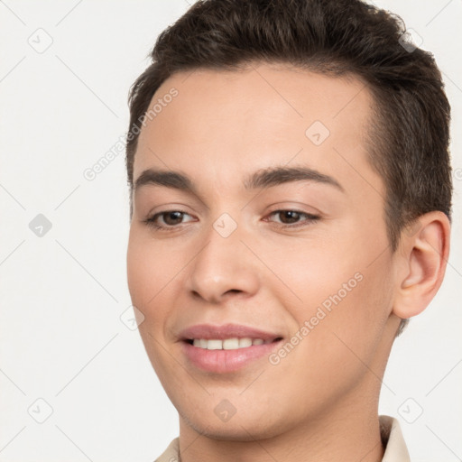 Joyful white young-adult female with short  brown hair and brown eyes