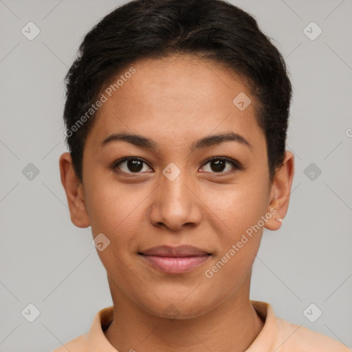 Joyful latino young-adult female with short  brown hair and brown eyes