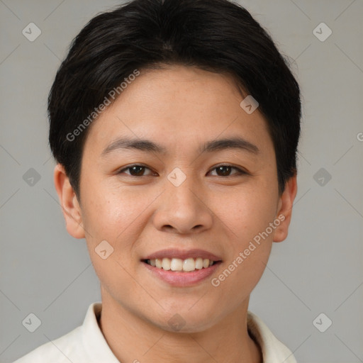 Joyful asian young-adult female with short  brown hair and brown eyes