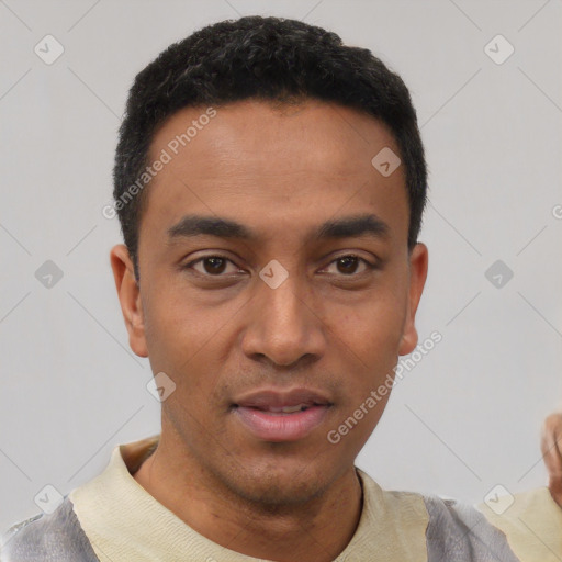 Neutral latino young-adult male with short  black hair and brown eyes