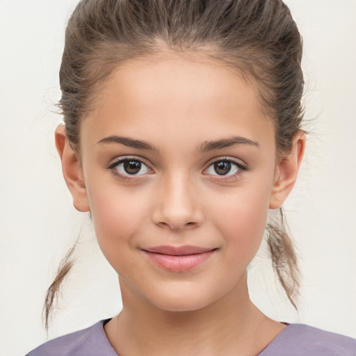 Joyful white child female with medium  brown hair and brown eyes