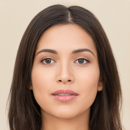 Neutral asian young-adult female with long  brown hair and brown eyes