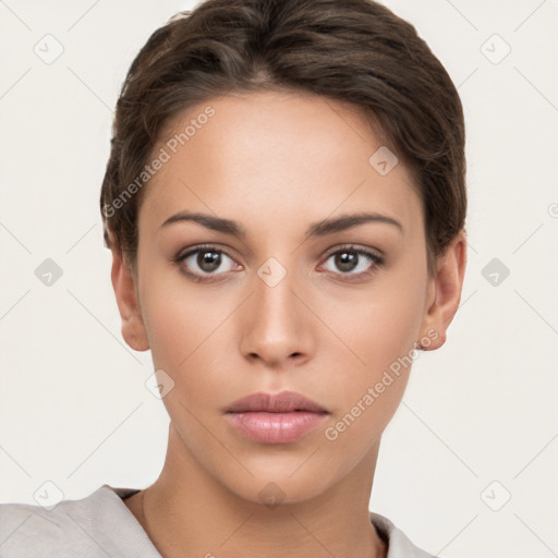 Neutral white young-adult female with short  brown hair and brown eyes