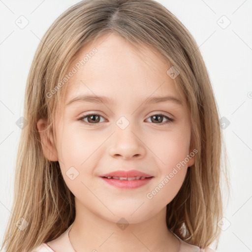 Joyful white child female with medium  brown hair and grey eyes