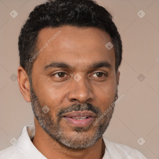 Joyful latino adult male with short  black hair and brown eyes