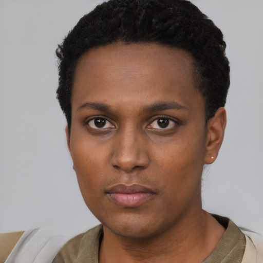 Neutral black young-adult female with short  black hair and brown eyes