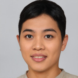 Joyful asian young-adult female with short  black hair and brown eyes