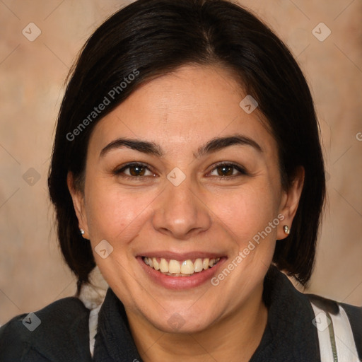 Joyful white young-adult female with medium  brown hair and brown eyes