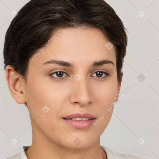 Joyful white young-adult female with short  brown hair and brown eyes