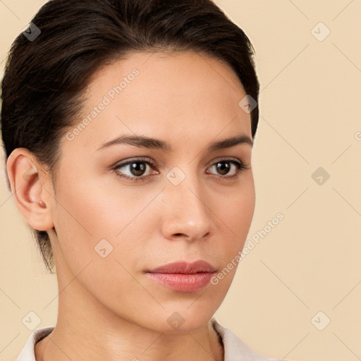 Neutral white young-adult female with short  brown hair and brown eyes