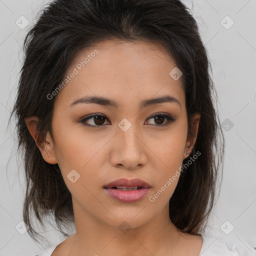 Neutral asian young-adult female with medium  brown hair and brown eyes