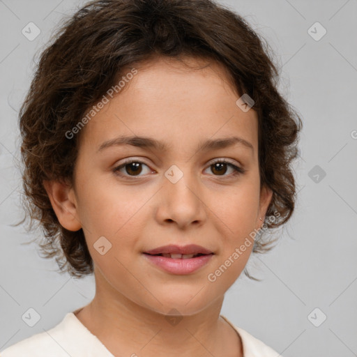 Joyful white child female with medium  brown hair and brown eyes