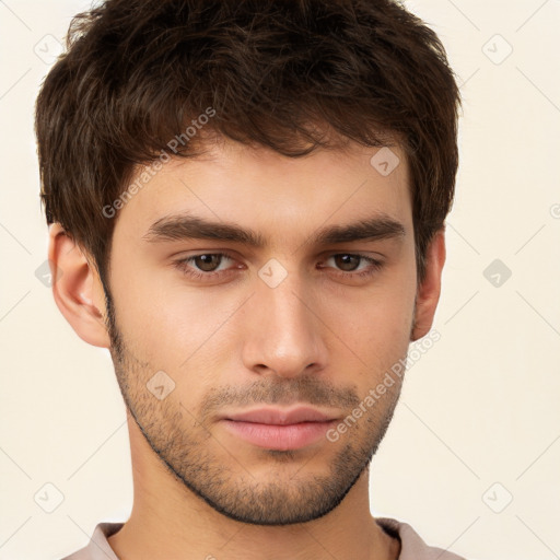 Neutral white young-adult male with short  brown hair and brown eyes