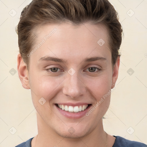 Joyful white young-adult female with short  brown hair and grey eyes