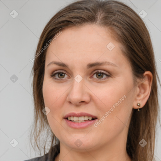 Joyful white young-adult female with medium  brown hair and brown eyes