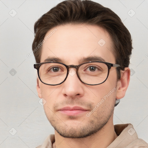 Neutral white young-adult male with short  brown hair and grey eyes