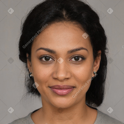 Joyful black young-adult female with medium  black hair and brown eyes