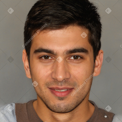 Joyful white young-adult male with short  brown hair and brown eyes