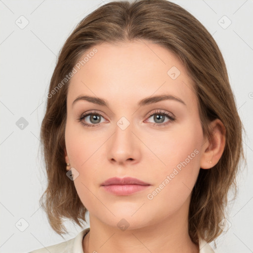 Neutral white young-adult female with medium  brown hair and grey eyes