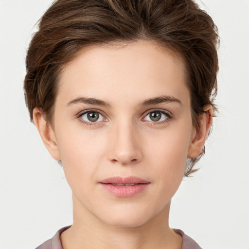 Neutral white young-adult female with short  brown hair and brown eyes