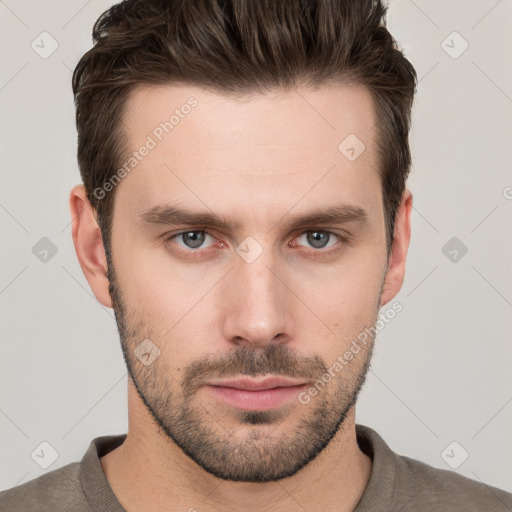 Neutral white young-adult male with short  brown hair and grey eyes