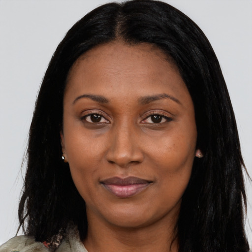 Joyful asian young-adult female with long  black hair and brown eyes