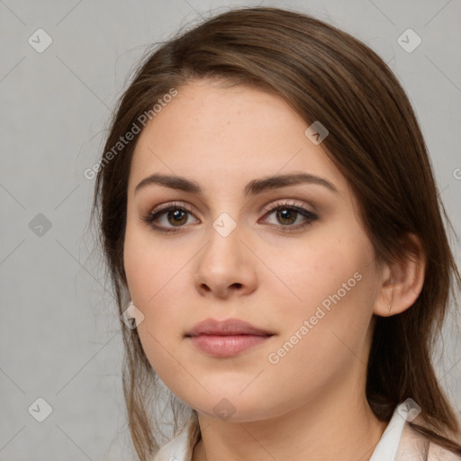 Neutral white young-adult female with medium  brown hair and brown eyes