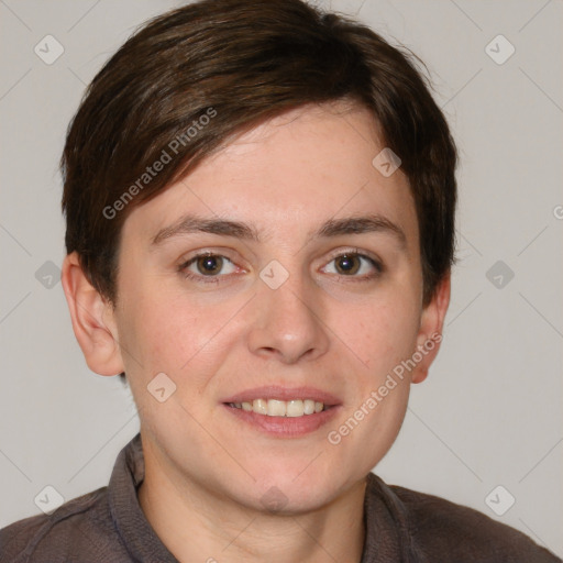 Joyful white young-adult female with short  brown hair and grey eyes