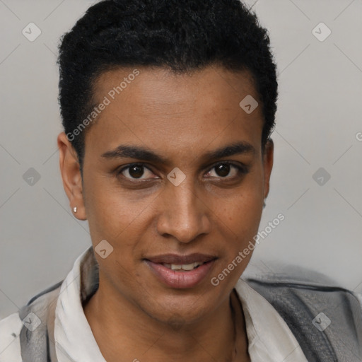 Joyful black young-adult male with short  brown hair and brown eyes