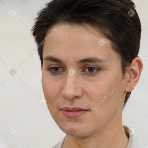 Joyful white young-adult female with short  brown hair and brown eyes