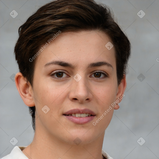 Joyful white young-adult female with short  brown hair and brown eyes