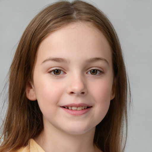 Joyful white child female with medium  brown hair and brown eyes