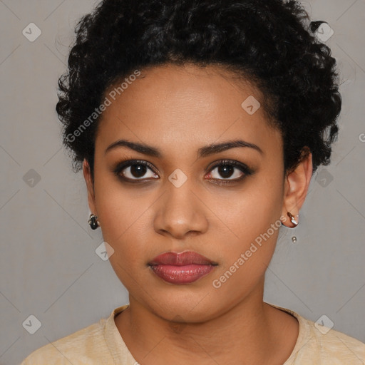 Neutral latino young-adult female with short  black hair and brown eyes