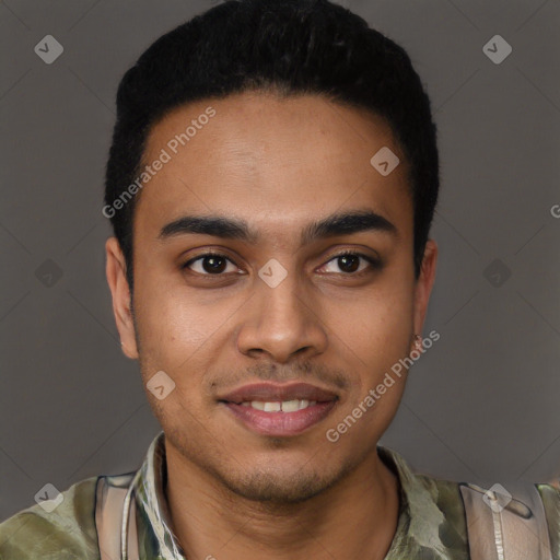 Joyful latino young-adult male with short  black hair and brown eyes