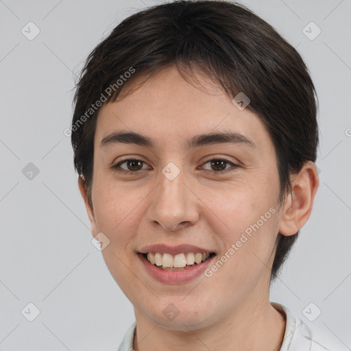 Joyful white young-adult female with short  brown hair and brown eyes