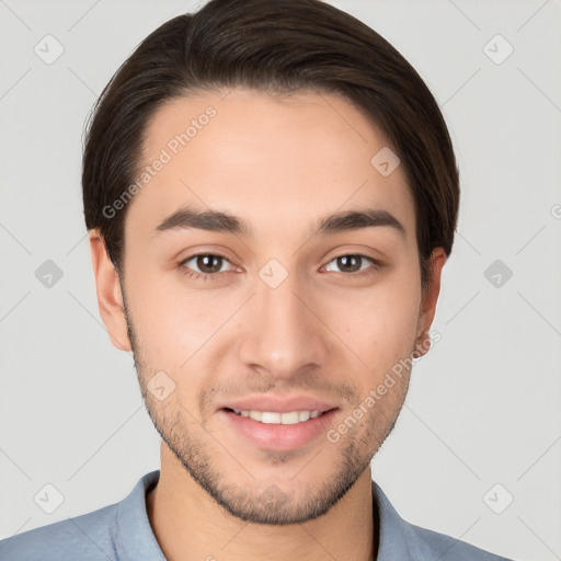 Joyful white young-adult male with short  brown hair and brown eyes